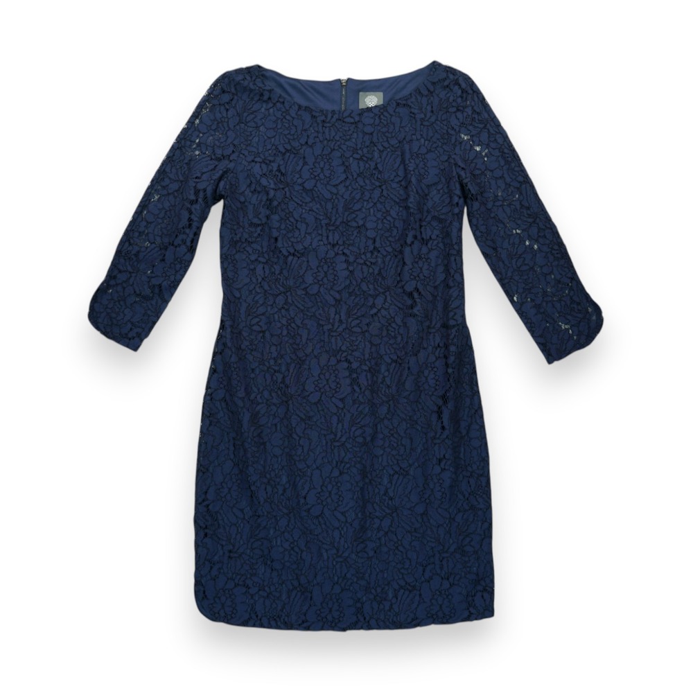Vince Camuto Sheath Dress Size 4 Navy Floral Lace 3/4 Sleeve Knee Length Women's